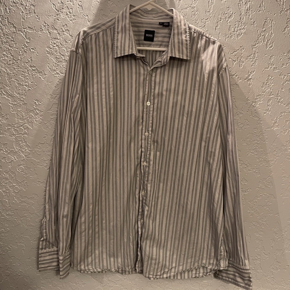 Men’s ‘Hugo Boss’ Gray/White Striped Button-Up Dress Shirt